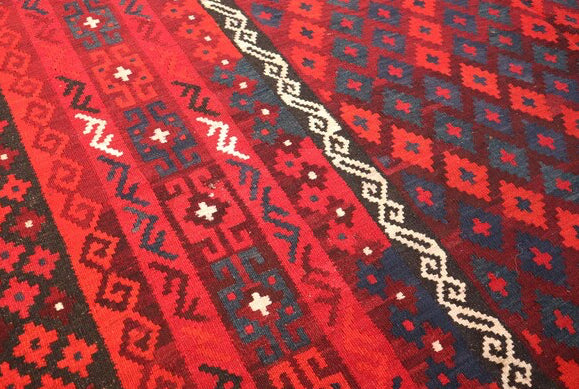 Large Kilim Rug 7'9 x 11'9 ft 237 x 359 – Wool Flatweave Area Rug | Red Geometric Tribal Carpet