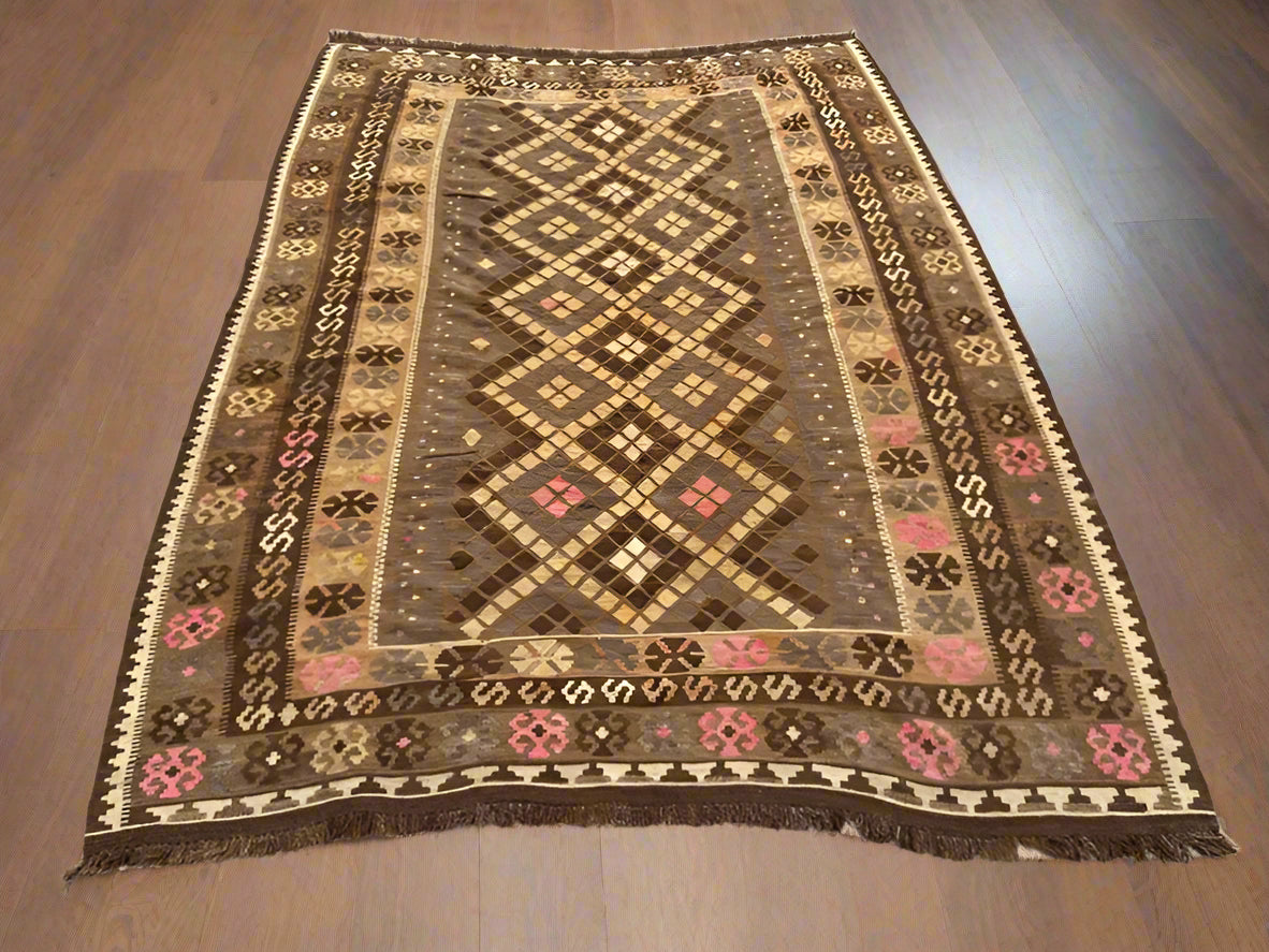 Vintage Afghan Kilim Rug – Handwoven Flatweave in Brown, Beige & Pink Accents – 280 x 200 cm Tribal Wool Carpet
