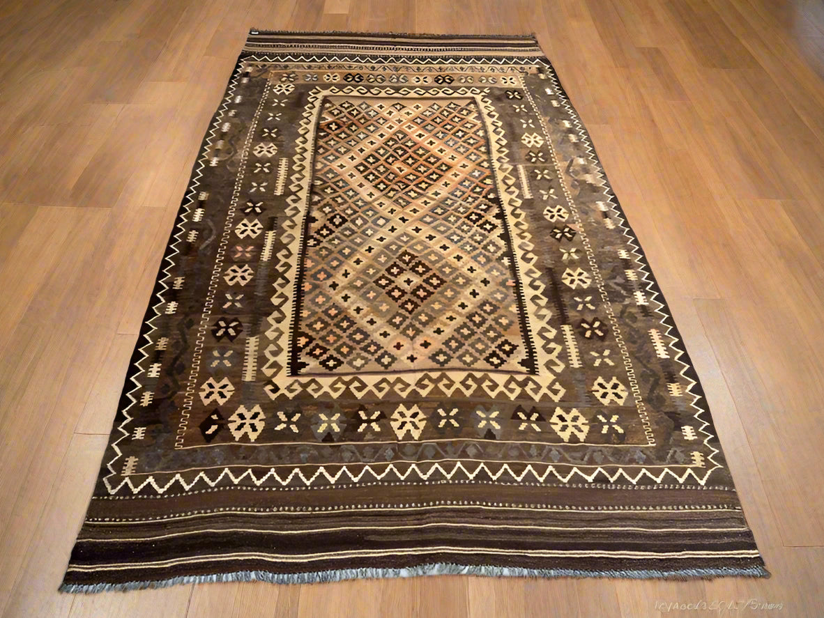 Vintage Afghan Kilim Rug – Handwoven Wool Flatweave 187x386 cm | Brown Beige Tribal Runner