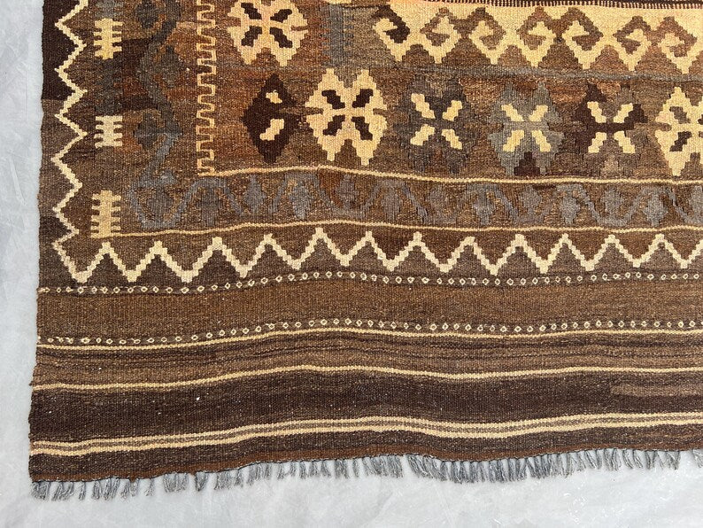 Vintage Afghan Kilim Rug – Handwoven Wool Flatweave 187x386 cm | Brown Beige Tribal Runner