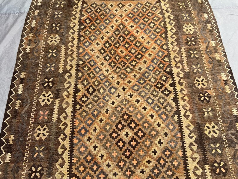 Vintage Afghan Kilim Rug – Handwoven Wool Flatweave 187x386 cm | Brown Beige Tribal Runner