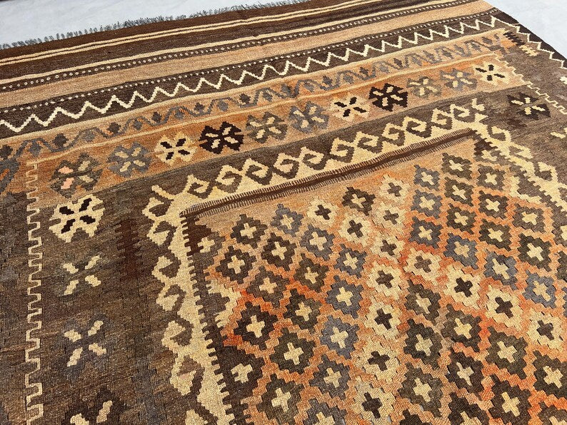 Vintage Afghan Kilim Rug – Handwoven Wool Flatweave 187x386 cm | Brown Beige Tribal Runner