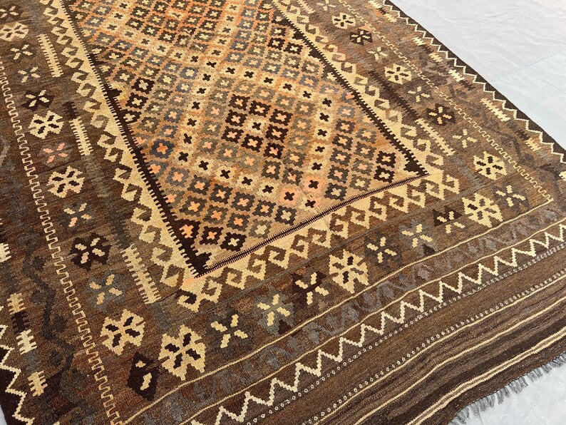 Vintage Afghan Kilim Rug – Handwoven Wool Flatweave 187x386 cm | Brown Beige Tribal Runner