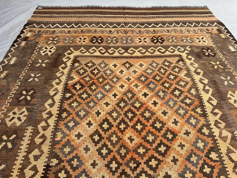Vintage Afghan Kilim Rug – Handwoven Wool Flatweave 187x386 cm | Brown Beige Tribal Runner