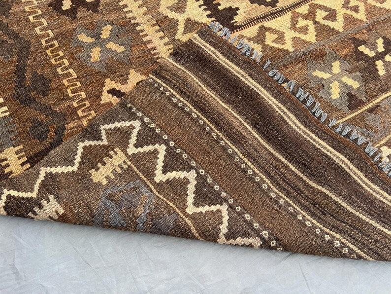 Vintage Afghan Kilim Rug – Handwoven Wool Flatweave 187x386 cm | Brown Beige Tribal Runner