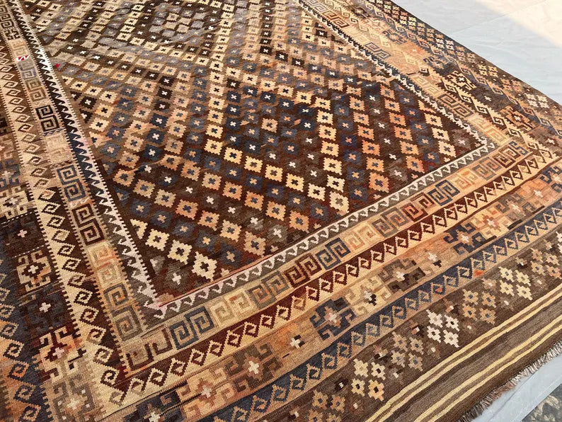 Oversized Afghan Kilim Rug – Handwoven Wool Flatweave 245x427 cm | Large Tribal Geometric Area Rug
