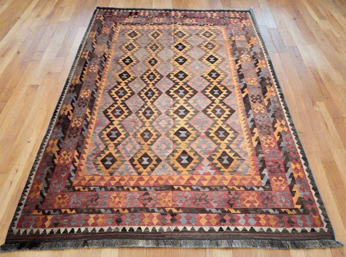 Antique Afghan Kilim Rug 199x287 cm | Handwoven Wool Flatweave | Vintage Tribal Geometric Carpet | Boho & Ethnic Home Decor