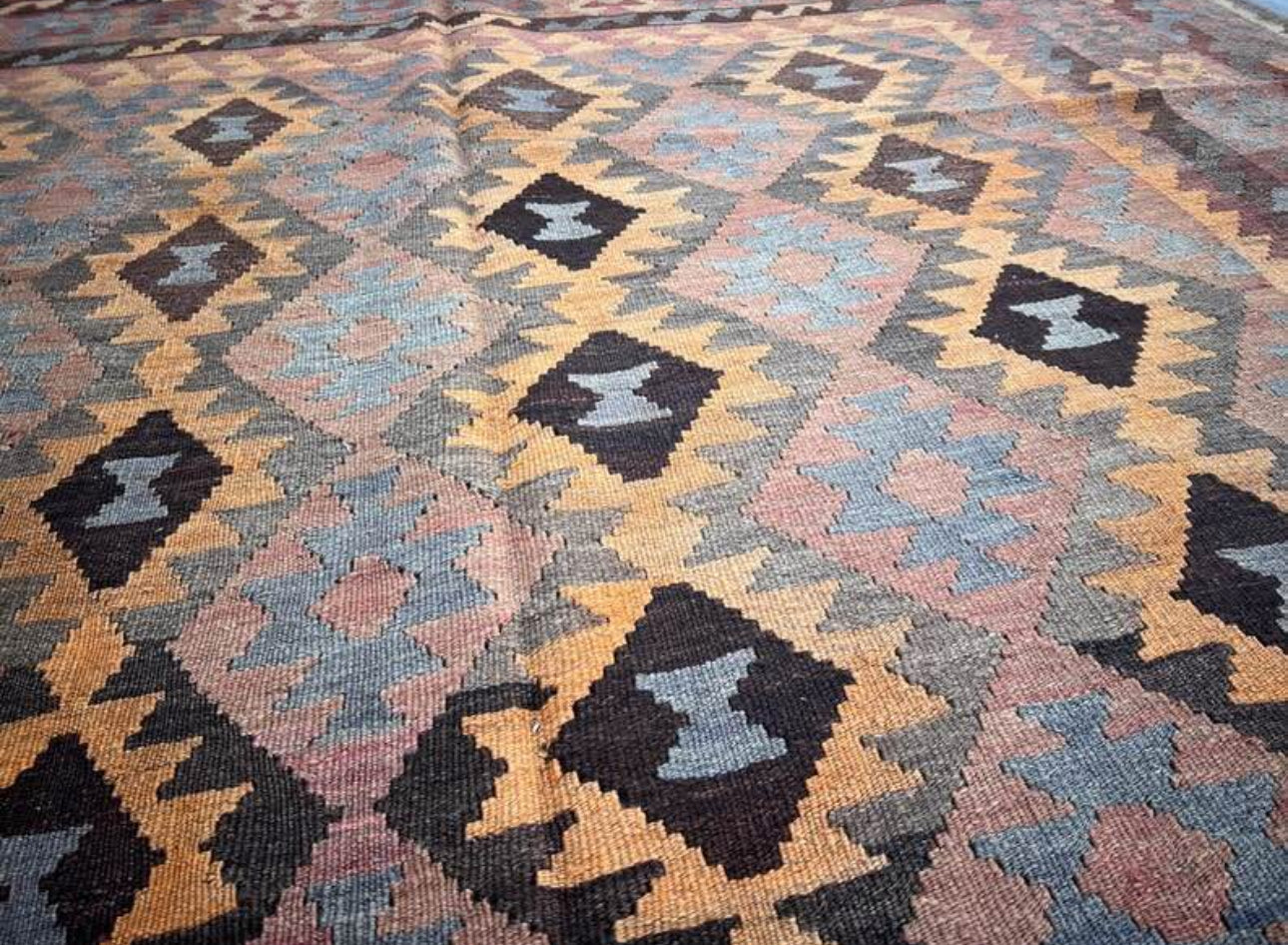 Antique Afghan Kilim Rug 199x287 cm | Handwoven Wool Flatweave | Vintage Tribal Geometric Carpet | Boho & Ethnic Home Decor