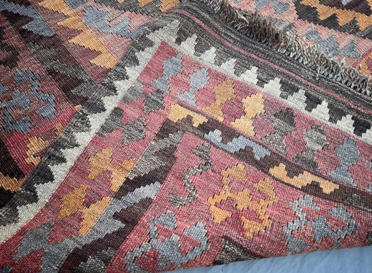 Antique Afghan Kilim Rug 199x287 cm | Handwoven Wool Flatweave | Vintage Tribal Geometric Carpet | Boho & Ethnic Home Decor