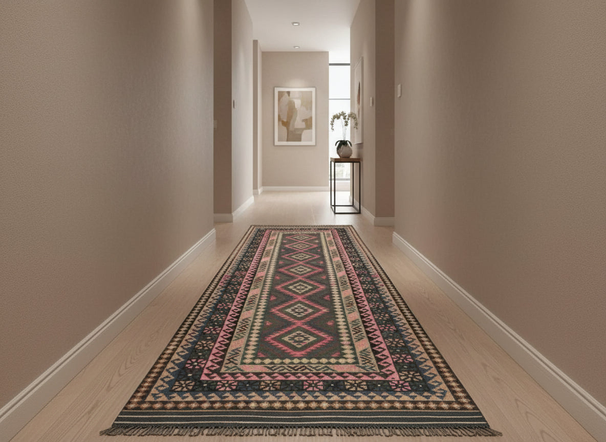 Handmade Afghan Kilim Runner – 101x287 cm | Pink & Brown Tribal Wool Corridor Rug