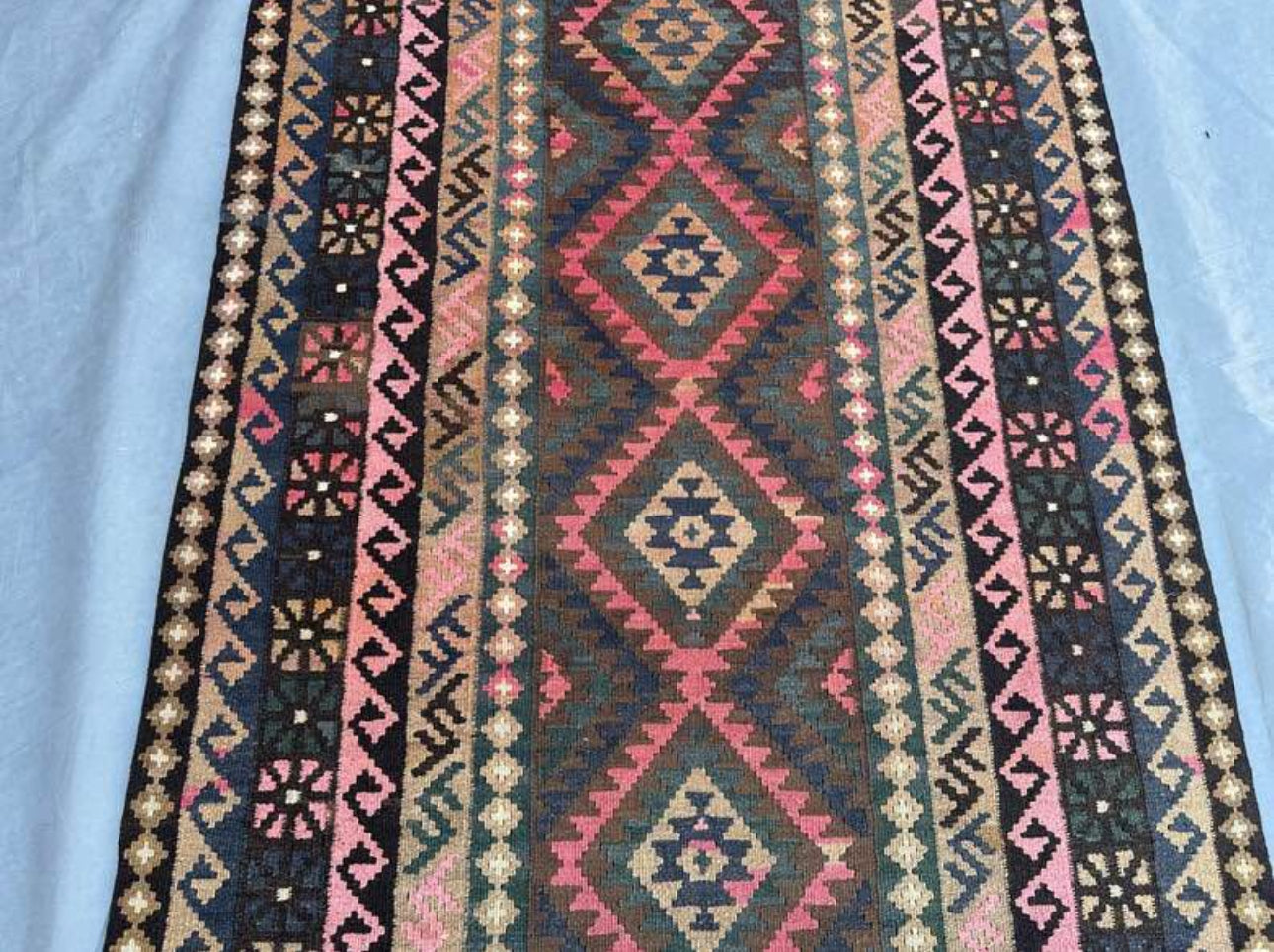 Handmade Afghan Kilim Runner – 101x287 cm | Pink & Brown Tribal Wool Corridor Rug