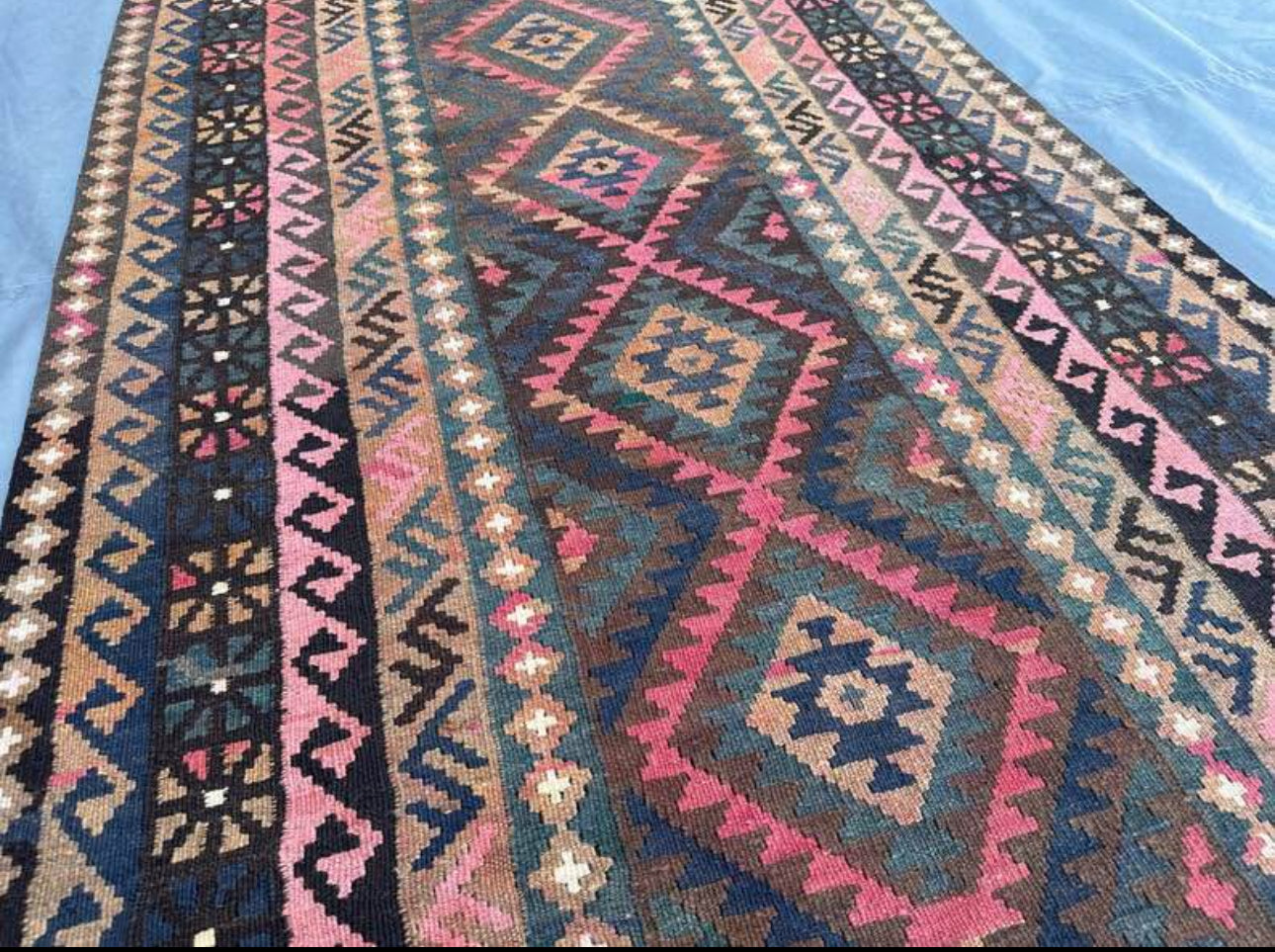 Handmade Afghan Kilim Runner – 101x287 cm | Pink & Brown Tribal Wool Corridor Rug