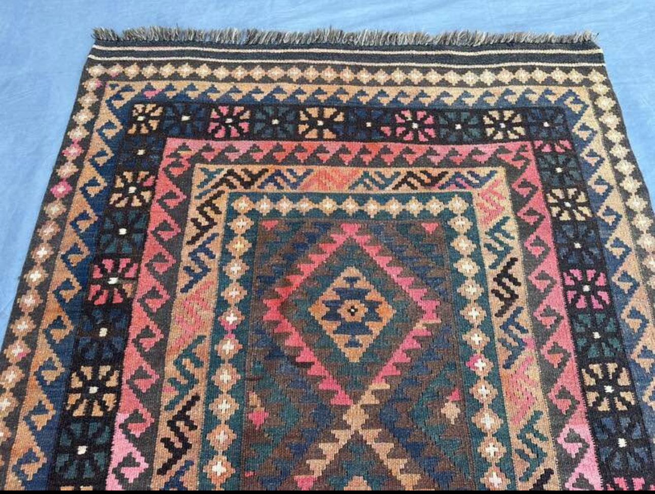 Handmade Afghan Kilim Runner – 101x287 cm | Pink & Brown Tribal Wool Corridor Rug