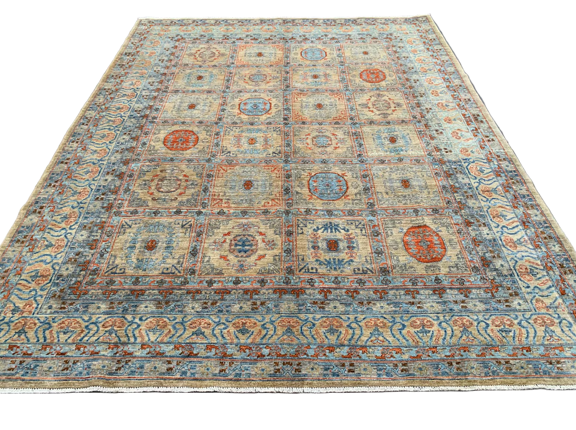 Large Afghan Ziegler Rug 274 × 363 cm – Handwoven Wool Carpet | Soft Blue & Beige Oriental Design | 9.0 × 11.9 ft