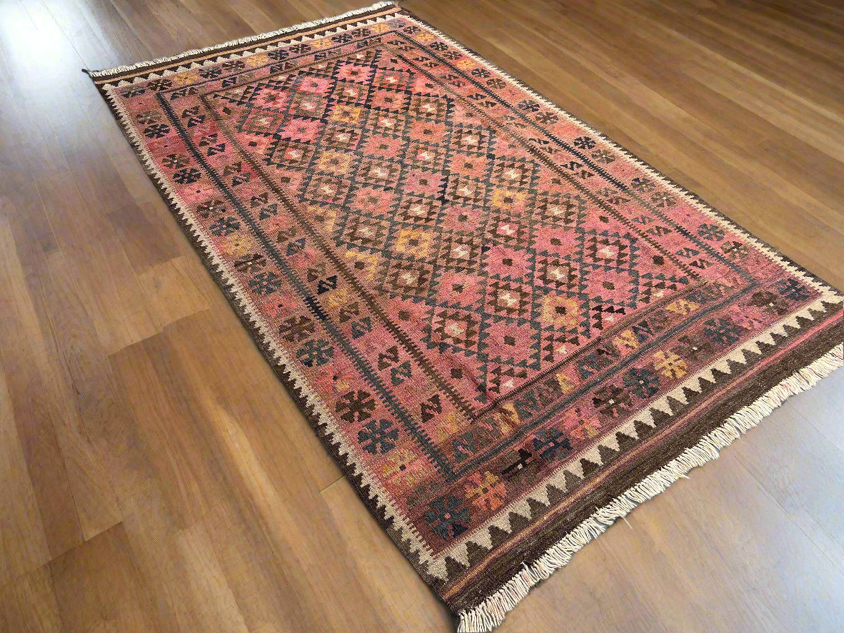 Handmade Afghan Kilim Rug – 250x 145 cm | Tribal Wool Flatweave, Bohemian Vintage Area Rug, Pink & Brown Geometric Pattern, Authentic Oriental Decor