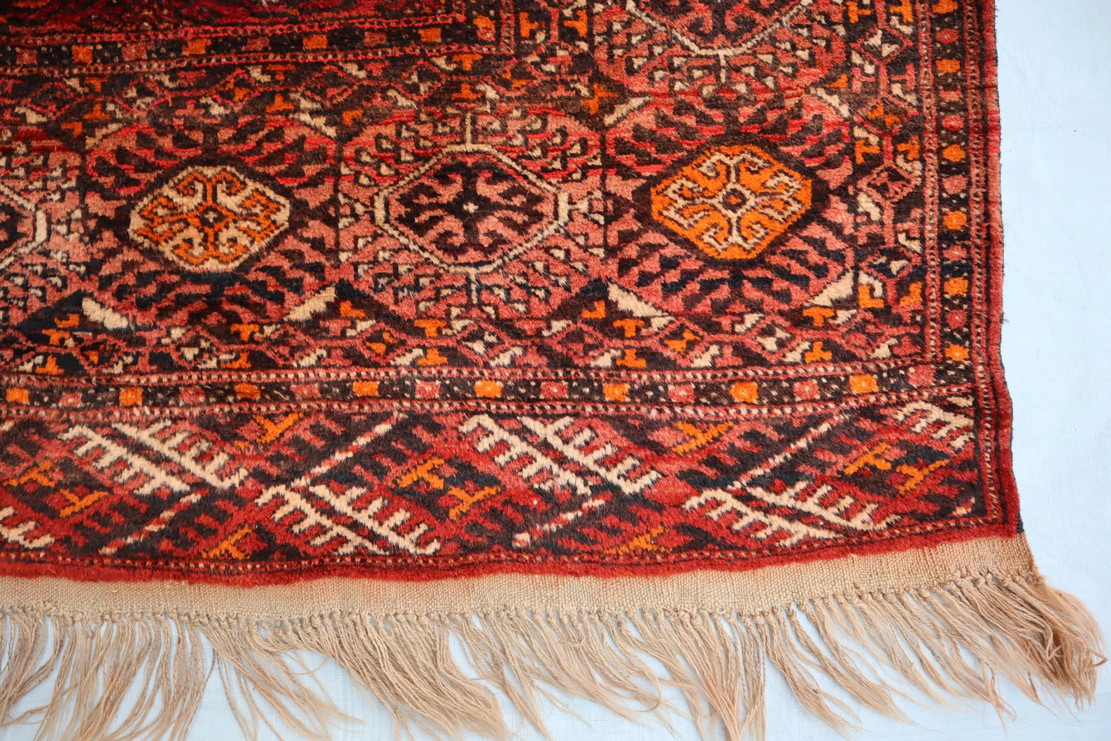 Large Red Afghan Tekke Bokhara Rug 7.0 × 12.8 ft (213 × 390 cm) – Handmade Wool Oriental Carpet | Vintage Living Room Area Rug