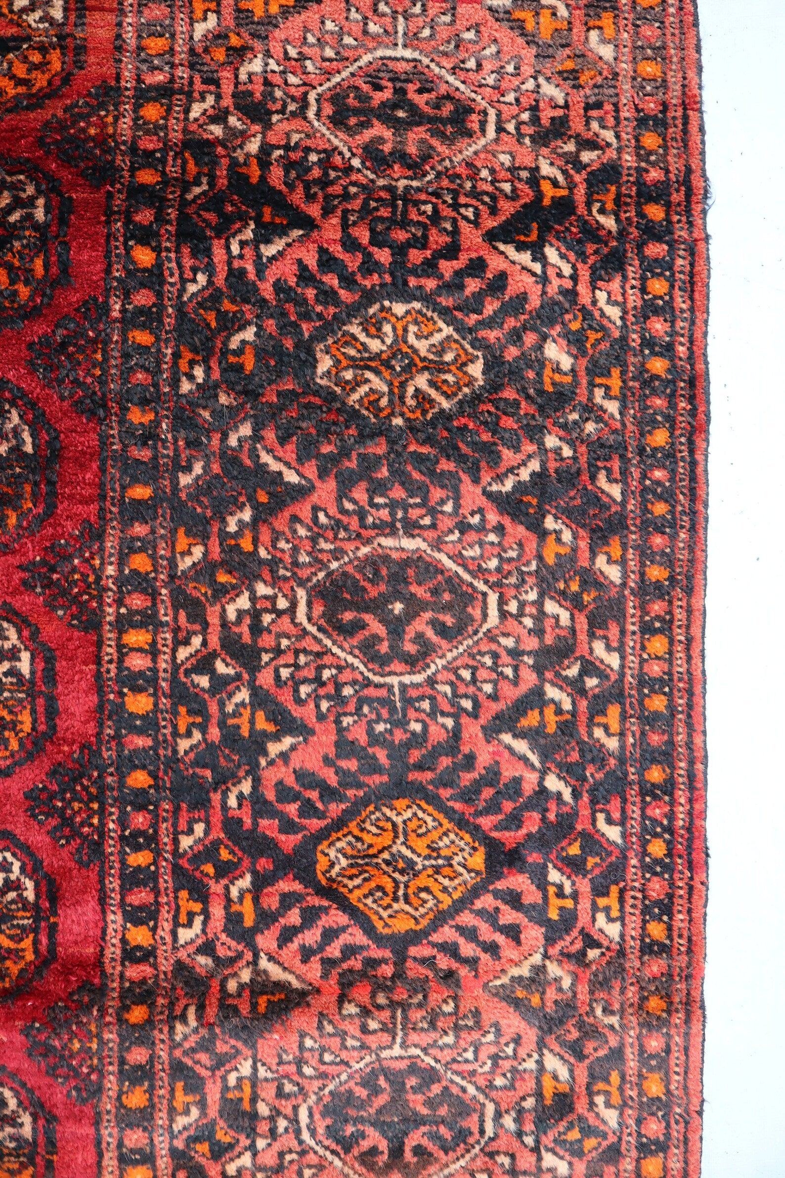 Large Red Afghan Tekke Bokhara Rug 7.0 × 12.8 ft (213 × 390 cm) – Handmade Wool Oriental Carpet | Vintage Living Room Area Rug