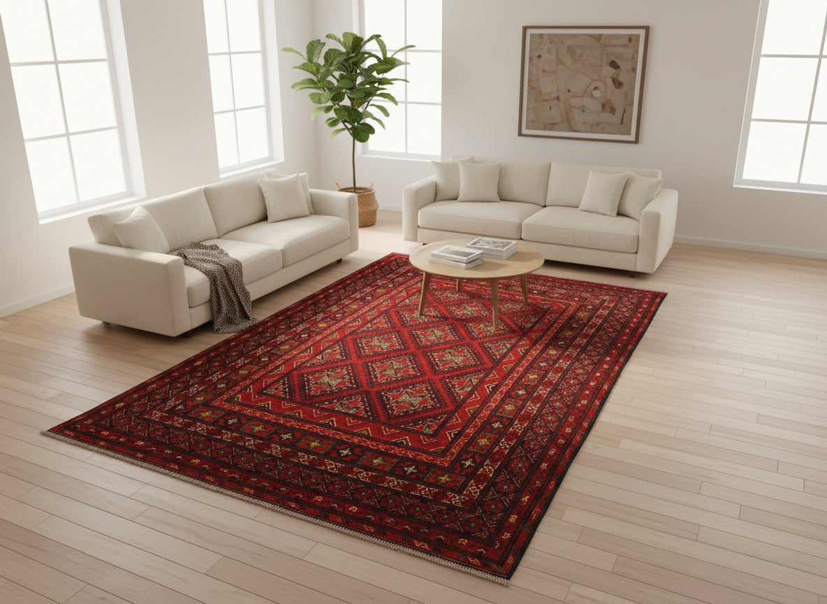 Red Afghan Tribal Rug 6.0 × 9.9 ft (183 × 302 cm) – Large Wool Area Rug | Vintage Handmade Oriental Carpet