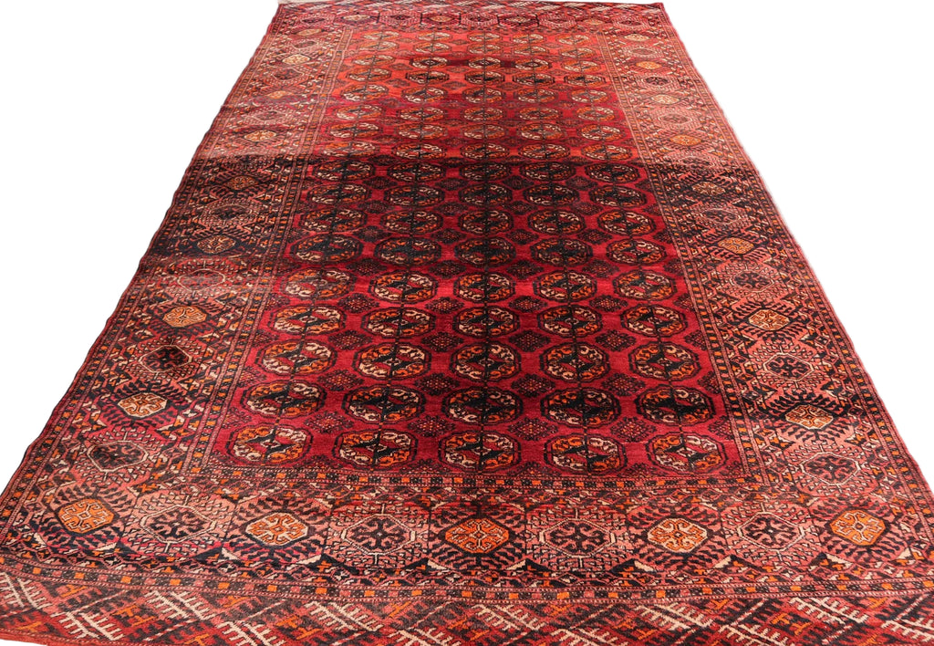 Large Red Afghan Tekke Bokhara Rug 7.0 × 12.8 ft (213 × 390 cm) – Handmade Wool Oriental Carpet | Vintage Living Room Area Rug