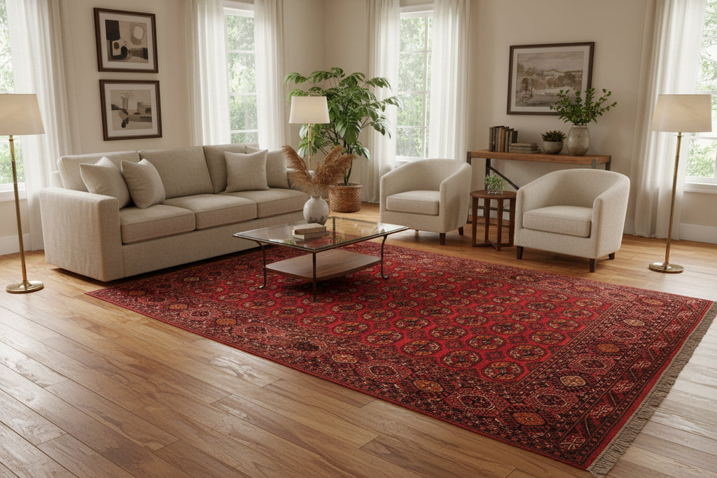 Large Red Afghan Tekke Bokhara Rug 7.0 × 12.8 ft (213 × 390 cm) – Handmade Wool Oriental Carpet | Vintage Living Room Area Rug