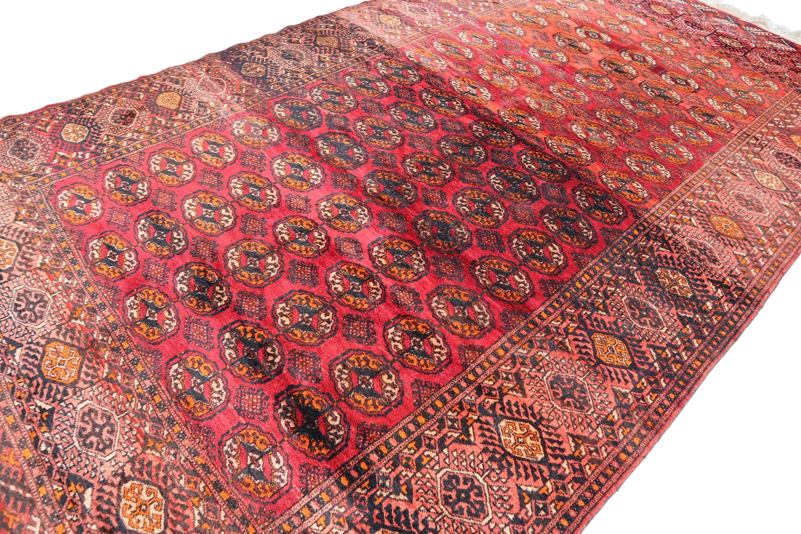 Large Red Afghan Tekke Bokhara Rug 7.0 × 12.8 ft (213 × 390 cm) – Handmade Wool Oriental Carpet | Vintage Living Room Area Rug
