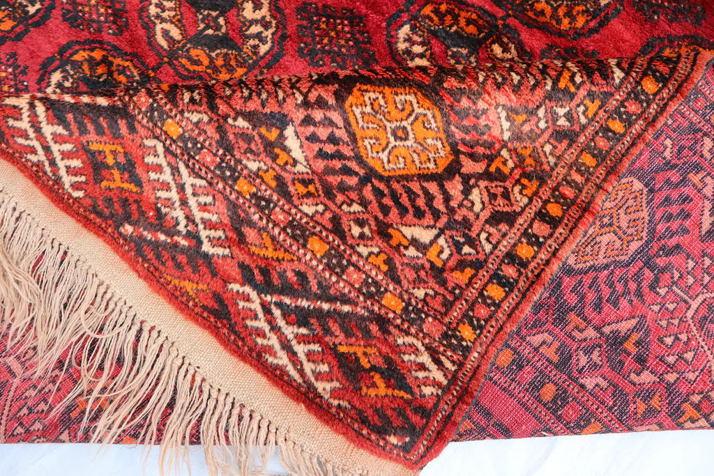 Large Red Afghan Tekke Bokhara Rug 7.0 × 12.8 ft (213 × 390 cm) – Handmade Wool Oriental Carpet | Vintage Living Room Area Rug
