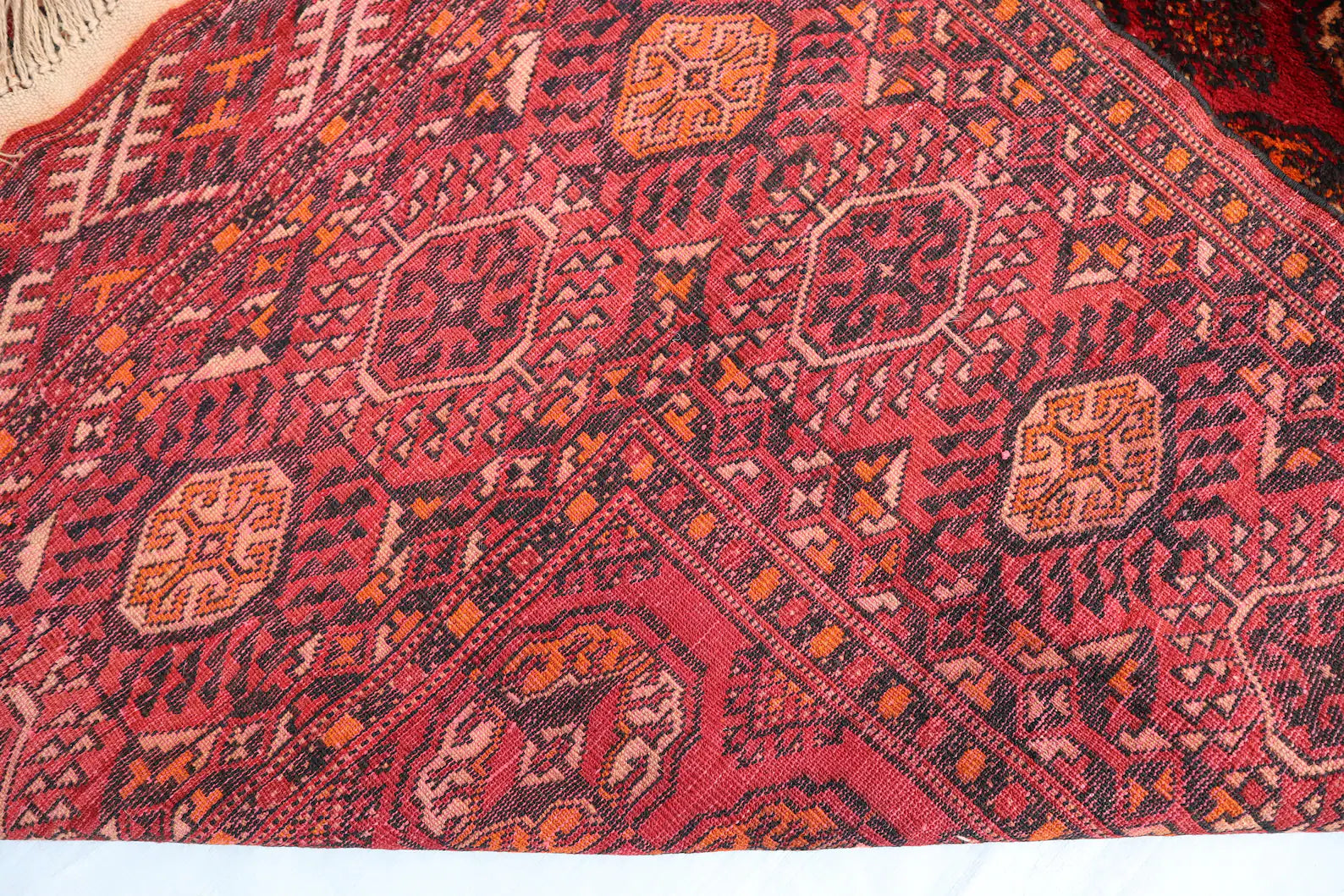 Large Red Afghan Tekke Bokhara Rug 7.0 × 12.8 ft (213 × 390 cm) – Handmade Wool Oriental Carpet | Vintage Living Room Area Rug