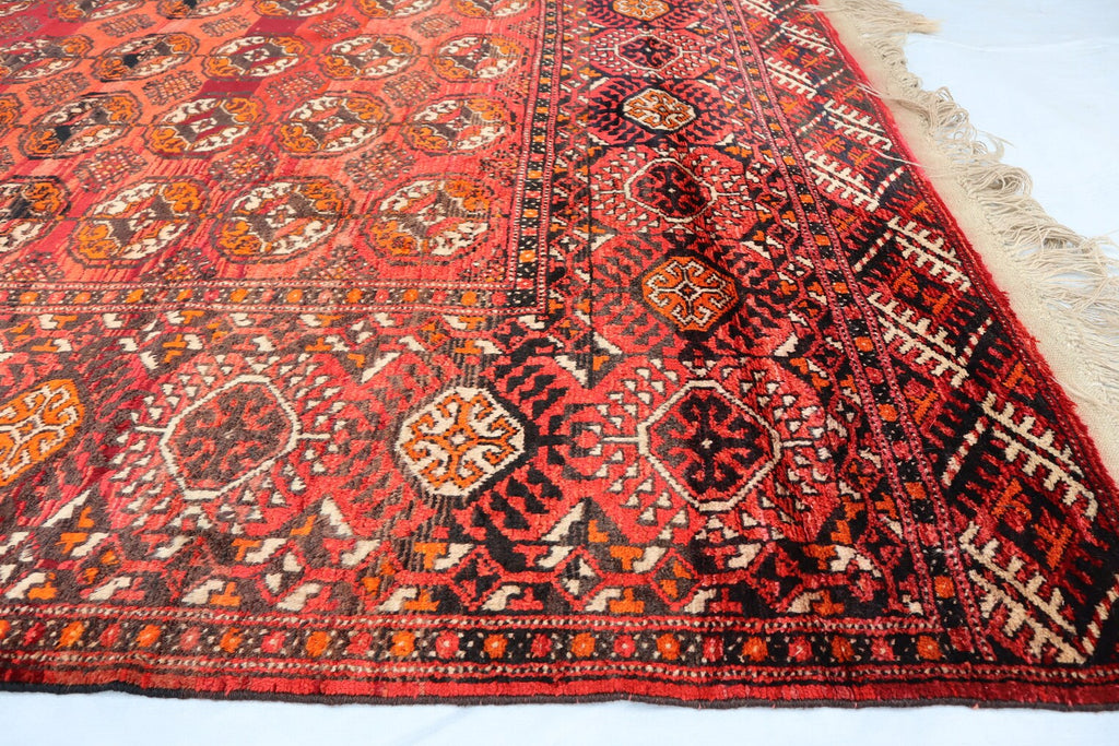Large Red Afghan Tekke Bokhara Rug 7.0 × 12.8 ft (213 × 390 cm) – Handmade Wool Oriental Carpet | Vintage Living Room Area Rug