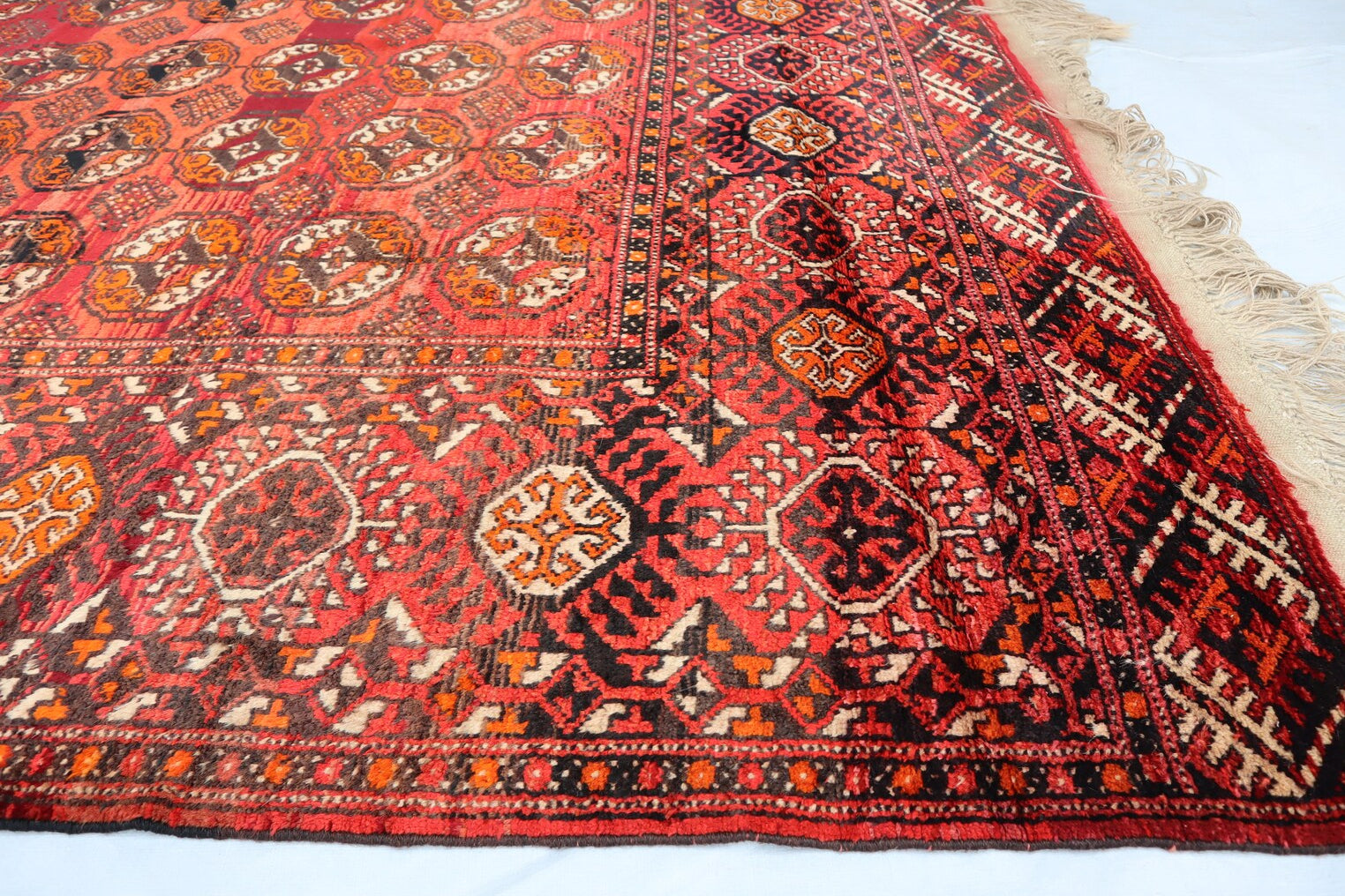 Large Red Afghan Tekke Bokhara Rug 7.0 × 12.8 ft (213 × 390 cm) – Handmade Wool Oriental Carpet | Vintage Living Room Area Rug