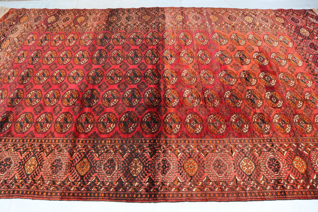 Large Red Afghan Tekke Bokhara Rug 7.0 × 12.8 ft (213 × 390 cm) – Handmade Wool Oriental Carpet | Vintage Living Room Area Rug
