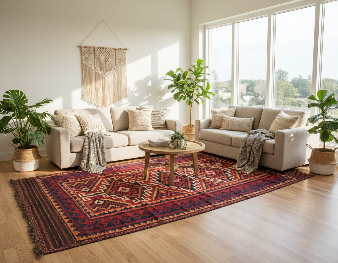 Afghan Maimana Kilim Rug 5.3 × 9.3 ft (161 × 283 cm) – Large Flatweave Area Rug | Tribal Geometric Wool Carpet