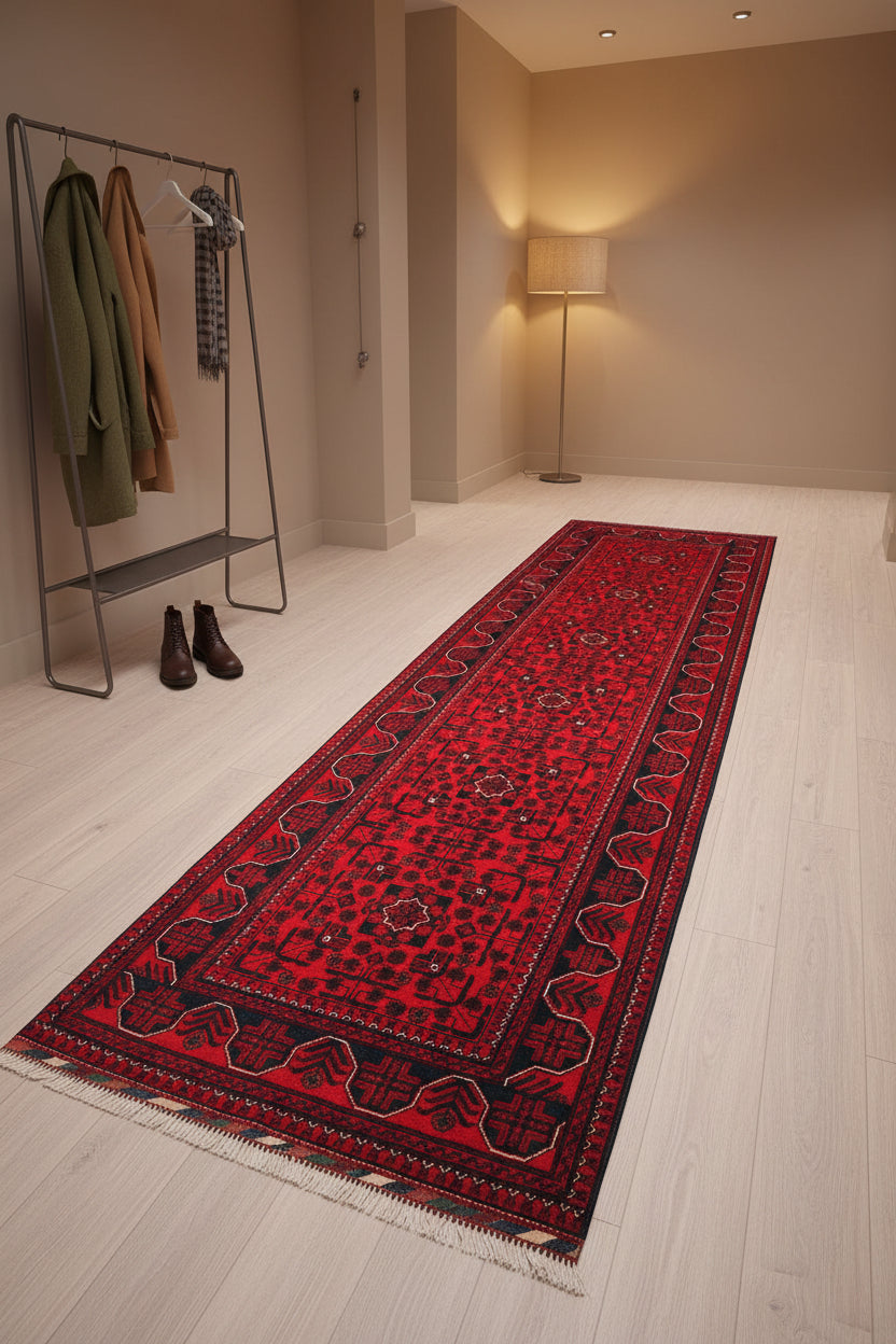 Red Runner Rug 2.8 × 9.3 ft (85 × 283 cm) – Long Hallway Runner | Wool Area Carpet, Handmade Afghan Rug