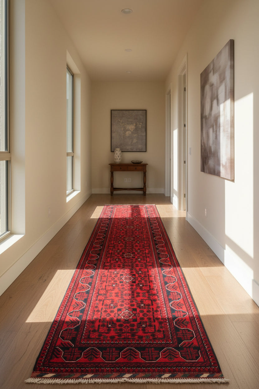 Red Runner Rug 2.8 × 9.3 ft (85 × 283 cm) – Long Hallway Runner | Wool Area Carpet, Handmade Afghan Rug
