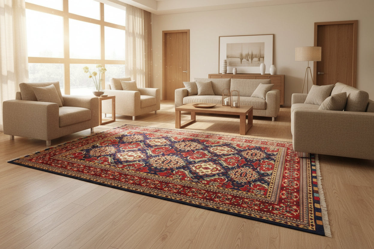 Afghan Floral Rug 201 × 298 cm – Handwoven Wool Carpet | Navy & Red Persian-Inspired Design | 6.6 × 9.8 ft