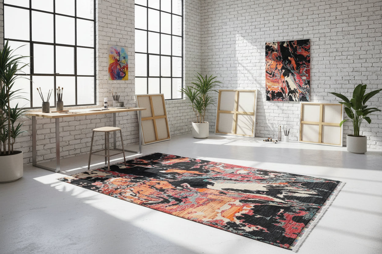 Modern Abstract Wool Rug 5.8 × 7.6 ft (177 × 232 cm) – Handmade Afghan Contemporary Carpet | Black & Orange Design