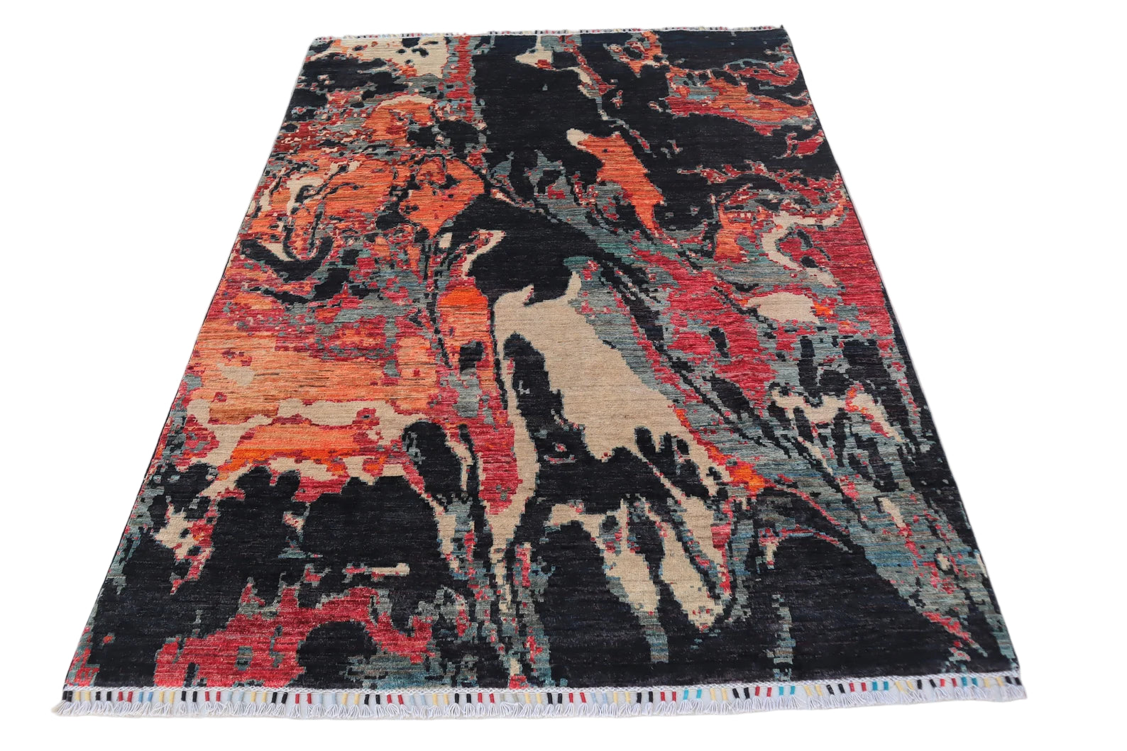 Modern Abstract Wool Rug 5.8 × 7.6 ft (177 × 232 cm) – Handmade Afghan Contemporary Carpet | Black & Orange Design