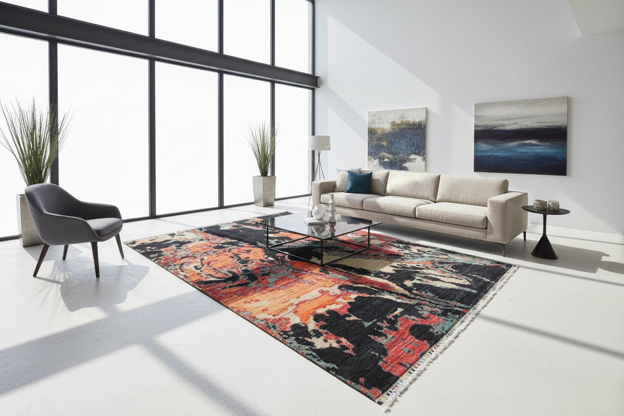 Modern Abstract Wool Rug 5.8 × 7.6 ft (177 × 232 cm) – Handmade Afghan Contemporary Carpet | Black & Orange Design