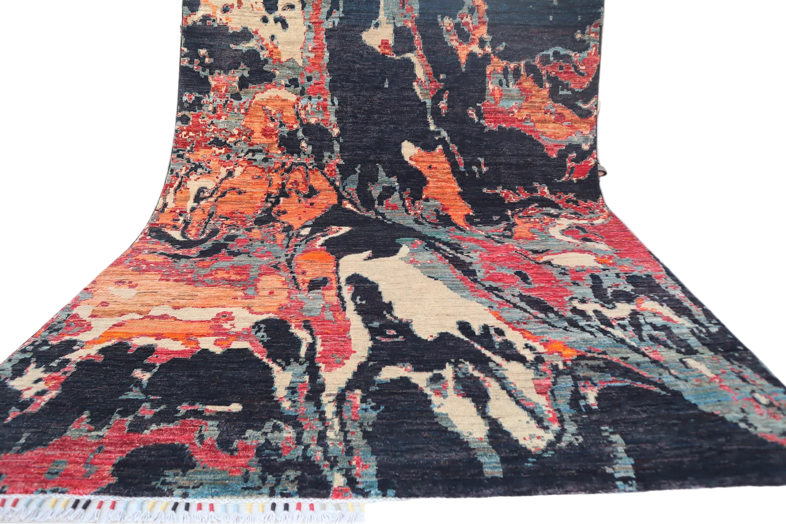 Modern Abstract Wool Rug 5.8 × 7.6 ft (177 × 232 cm) – Handmade Afghan Contemporary Carpet | Black & Orange Design