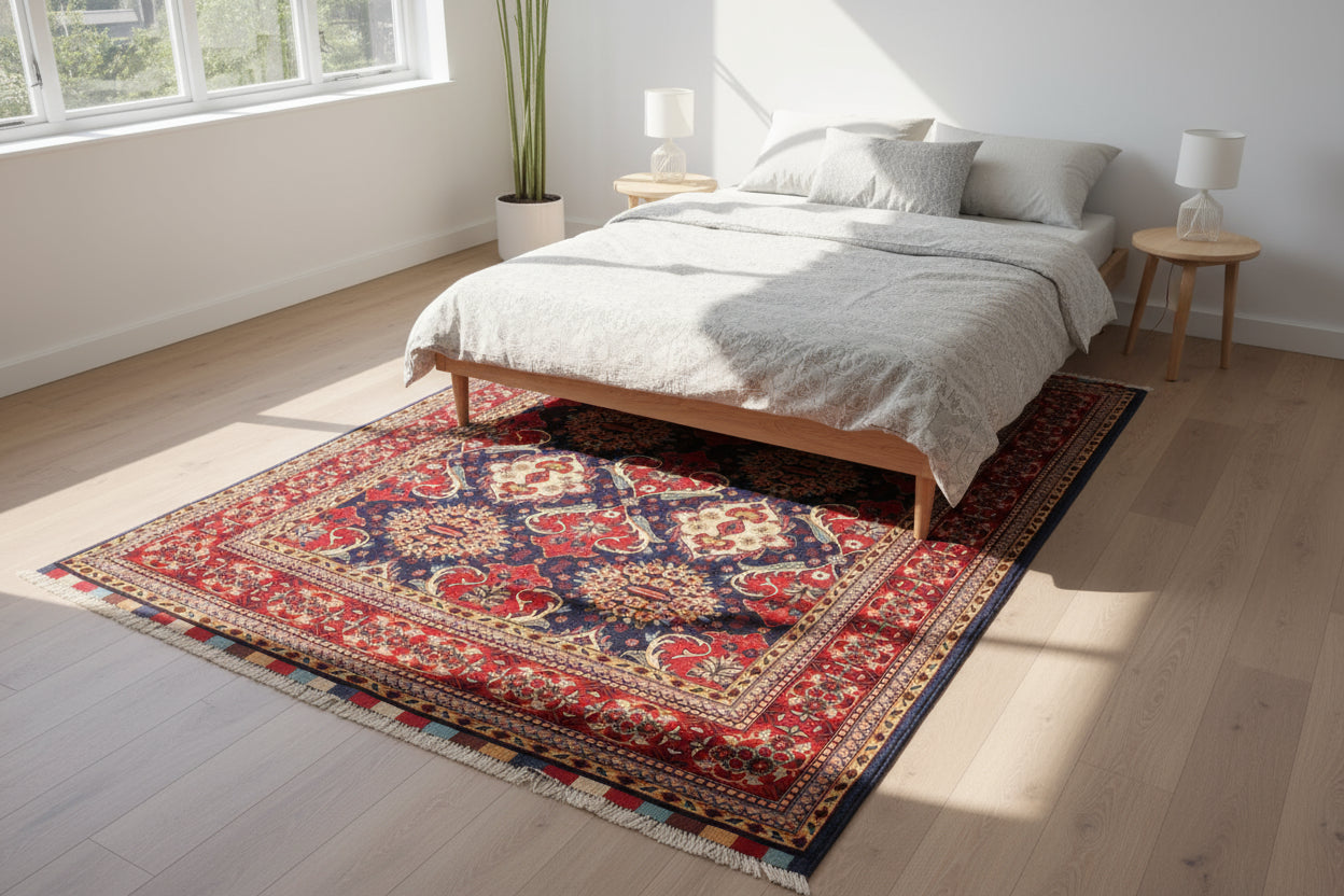 Afghan Floral Rug 201 × 298 cm – Handwoven Wool Carpet | Navy & Red Persian-Inspired Design | 6.6 × 9.8 ft