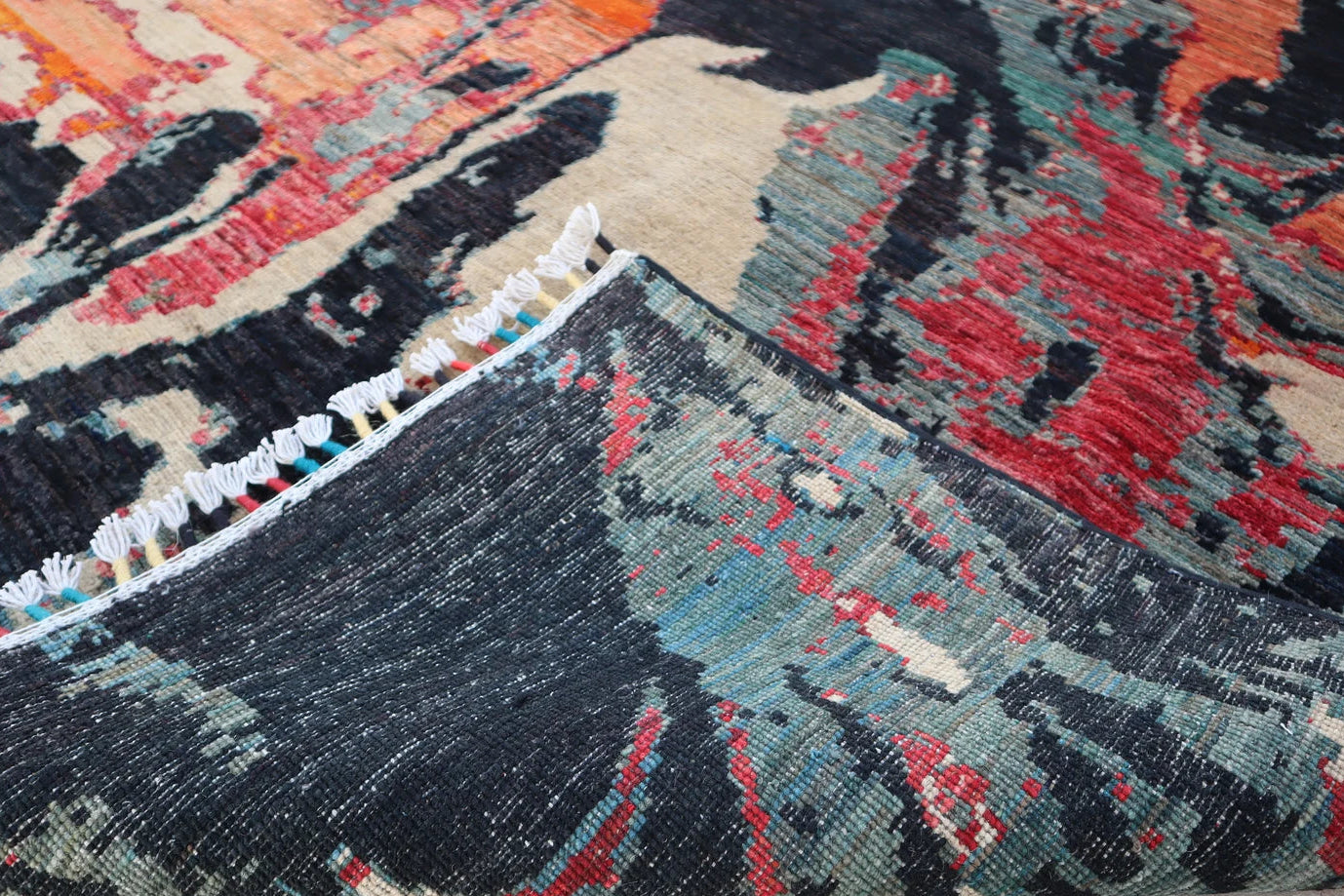 Modern Abstract Wool Rug 5.8 × 7.6 ft (177 × 232 cm) – Handmade Afghan Contemporary Carpet | Black & Orange Design