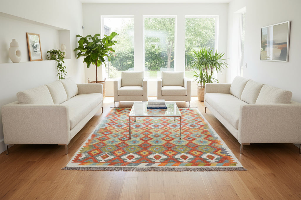 Handmade Afghan Kilim Rug – 201x295 cm | Multicolor Tribal Wool Carpet with Geometric Diamond Motifs