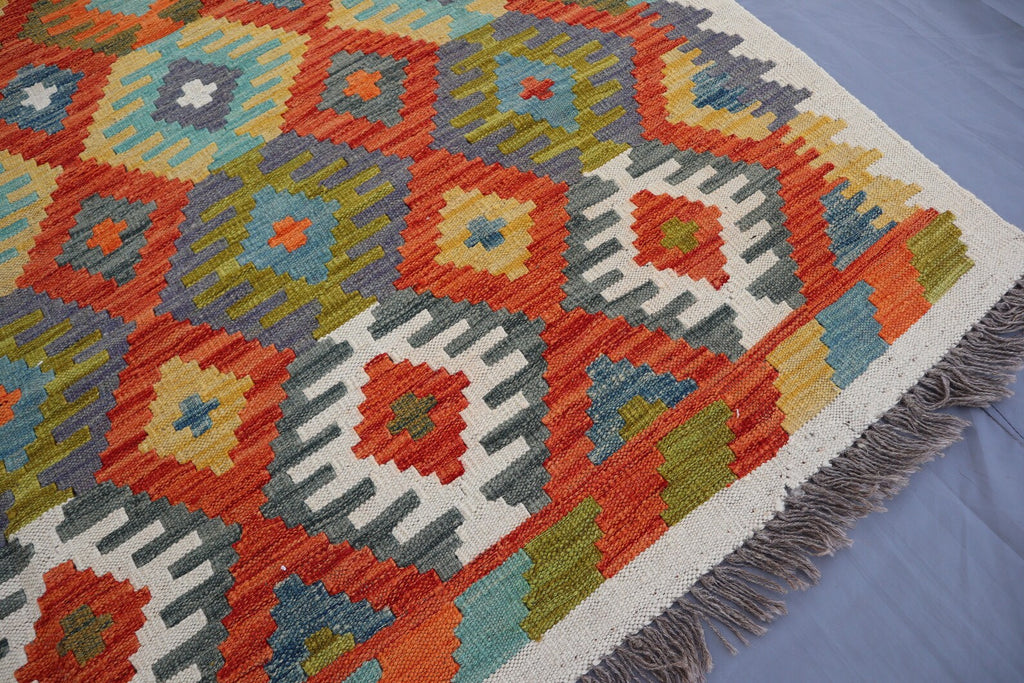Handmade Afghan Kilim Rug – 201x295 cm | Multicolor Tribal Wool Carpet with Geometric Diamond Motifs