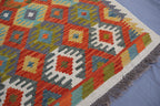 Handmade Afghan Kilim Rug – 201x295 cm | Multicolor Tribal Wool Carpet with Geometric Diamond Motifs
