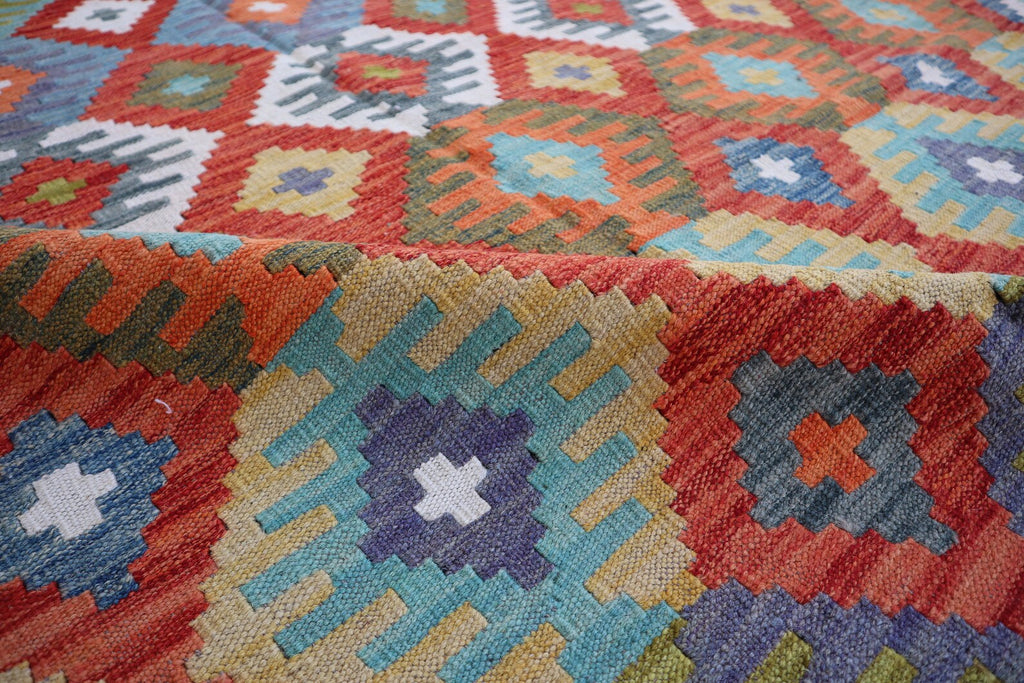 Handmade Afghan Kilim Rug – 201x295 cm | Multicolor Tribal Wool Carpet with Geometric Diamond Motifs