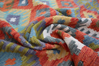 Handmade Afghan Kilim Rug – 201x295 cm | Multicolor Tribal Wool Carpet with Geometric Diamond Motifs