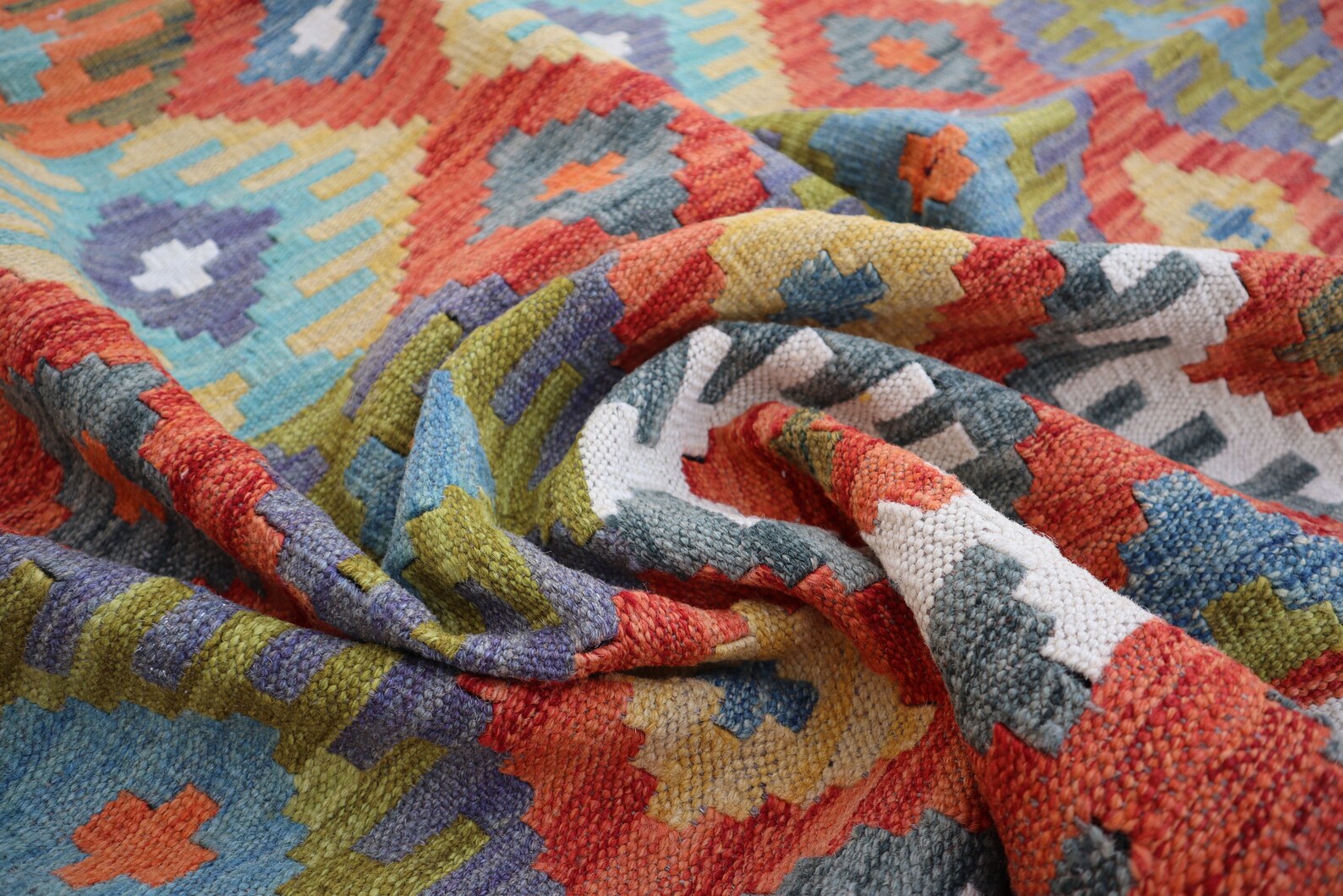 Handmade Afghan Kilim Rug – 201x295 cm | Multicolor Tribal Wool Carpet with Geometric Diamond Motifs