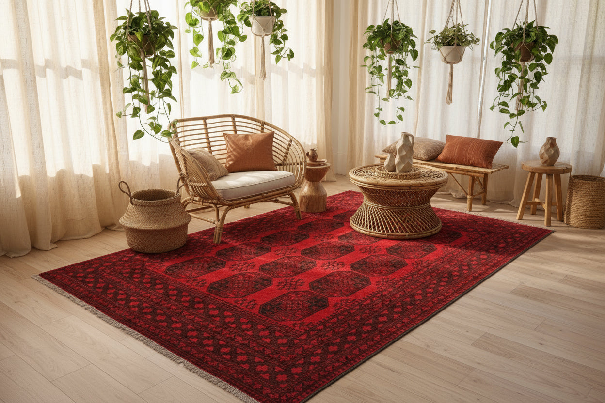 Vintage Turkoman Afghan Rug – 210x283 cm | Bold Red Wool Tribal Carpet