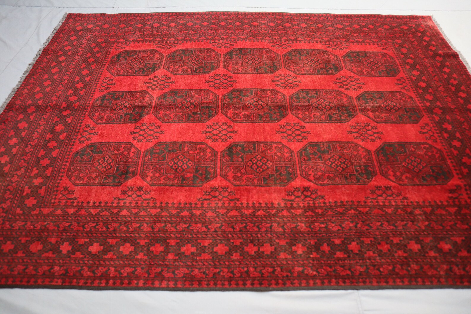 Vintage Turkoman Afghan Rug – 210x283 cm | Bold Red Wool Tribal Carpet