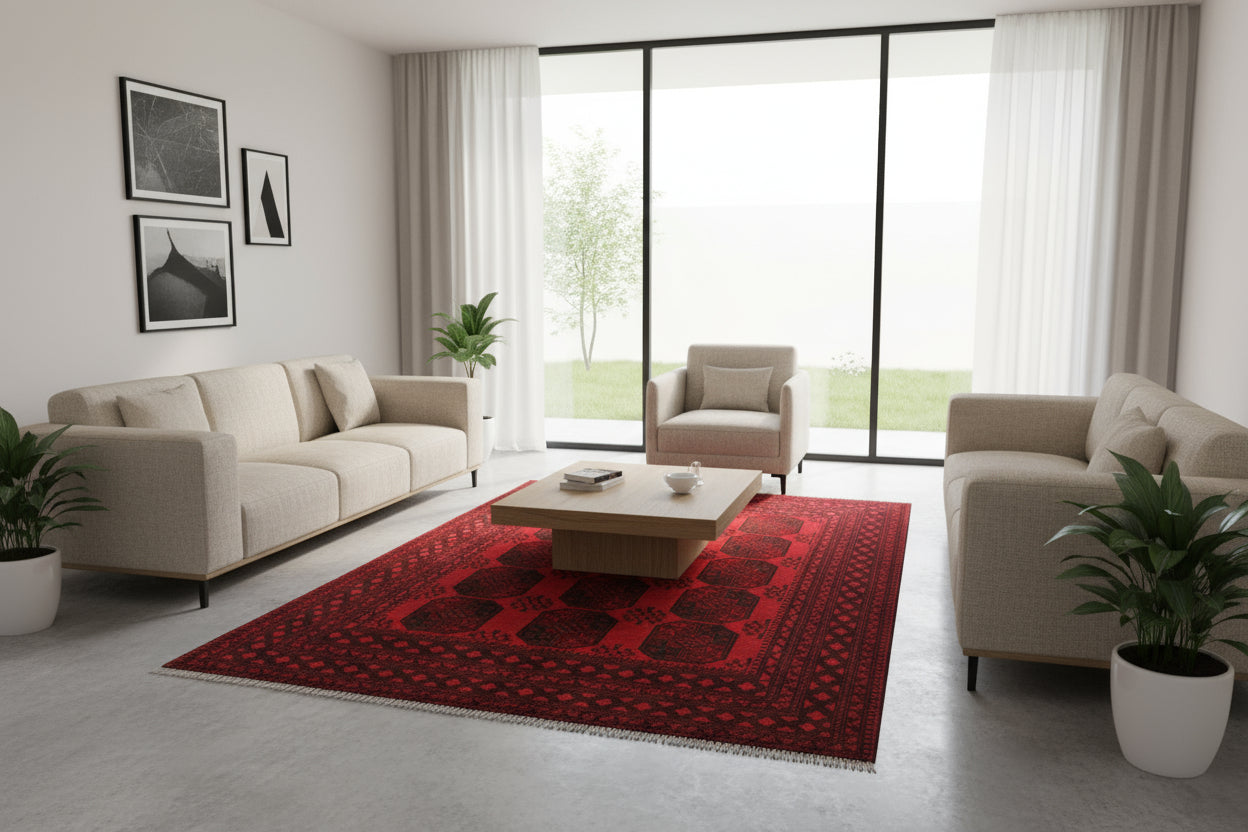 Vintage Turkoman Afghan Rug – 210x283 cm | Bold Red Wool Tribal Carpet