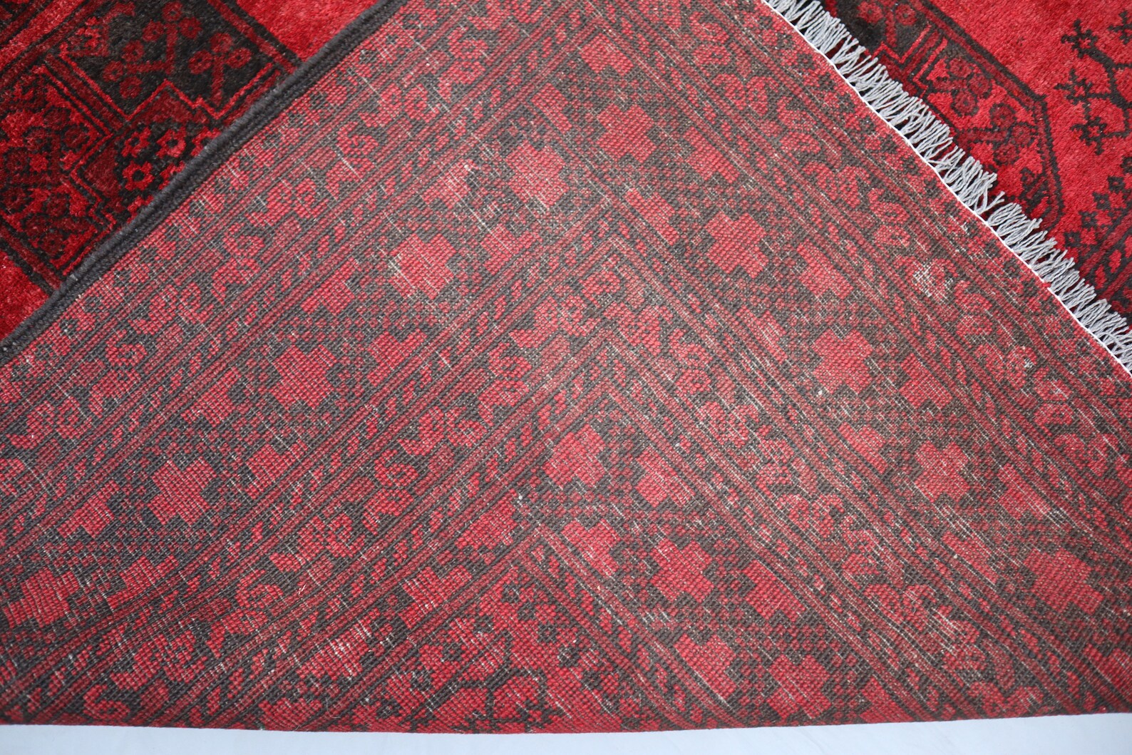 Vintage Turkoman Afghan Rug – 210x283 cm | Bold Red Wool Tribal Carpet